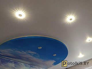 Двухуровневый натяжной потолок с подсветкой и фотопечатью в спальню 164
