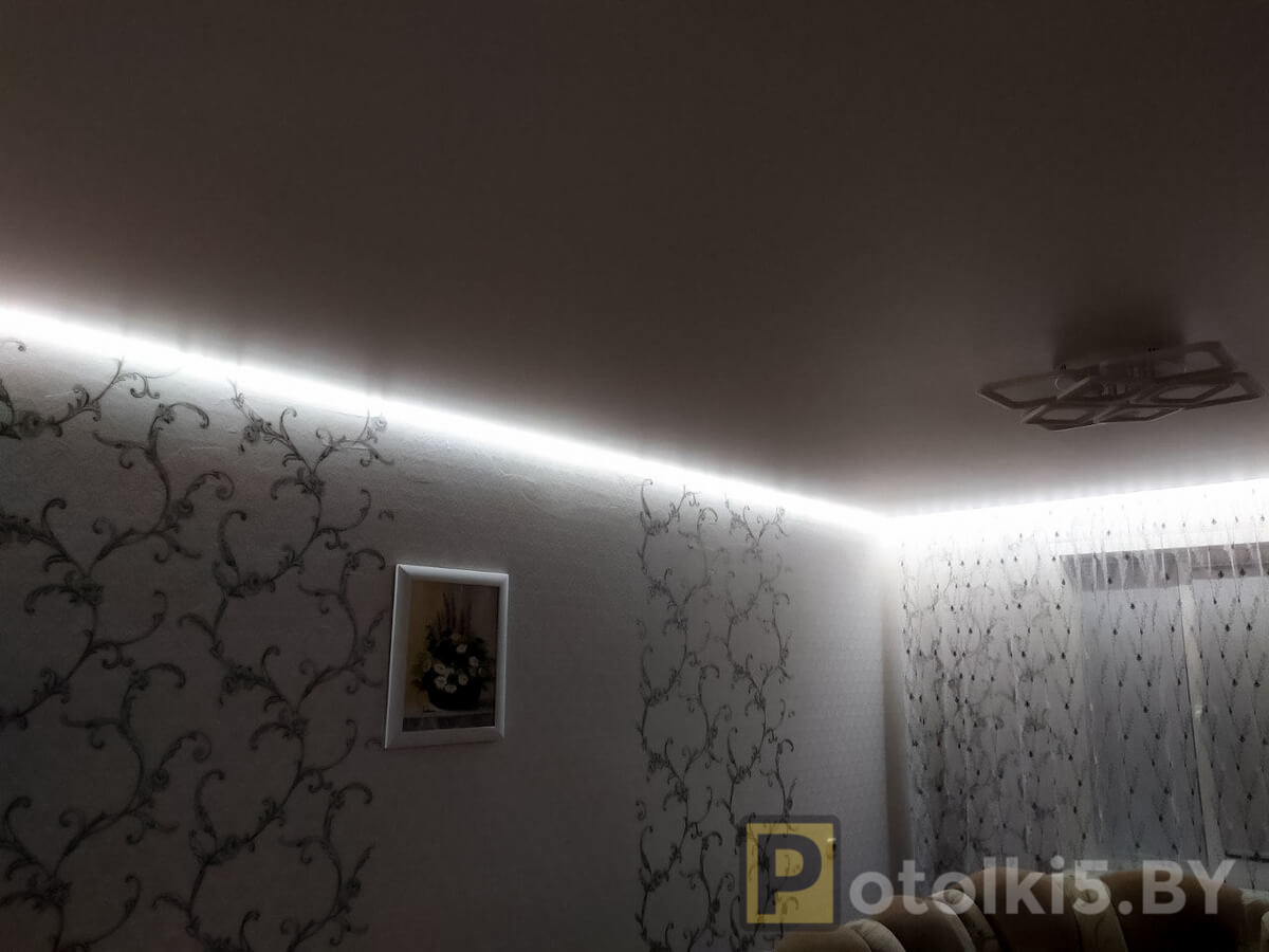 Готовый проект натяжного потолка - парящий потолок в зале со скрытым карнизом с подсветкой, фактура мат